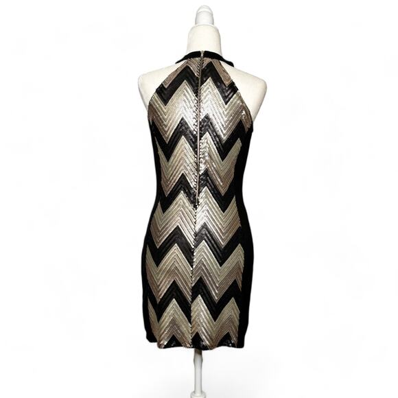 G by Guess Chevron Stripe Sequin Halter Dress Gold Black Small - Picture 3 of 11